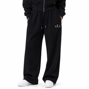 OEM Custom Logo Black <b>Cropped</b> <b>Zip</b> <b>Up</b> Tracksuit Heavyweight Fleece Oversize Hoodies High Waist Wide Leg Joggers Winter Sweatsuit  - Product Image 5
