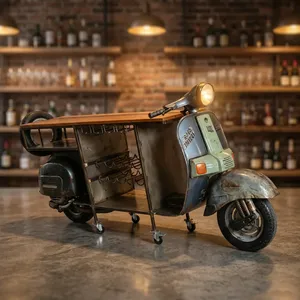Comptoir de bar vintage en bois de scooter recyclé, reproduction industrielle sur le thème automobile, 240x50x110cm, pour café et restaurant - Product Image 2