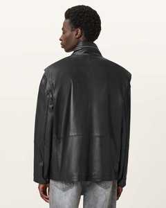 Veste en cuir véritable noire pour homme, col rabattu, fermeture éclair, coupe ample décontractée, pour l'automne - Product Image 3