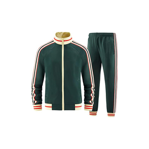 Ensemble de survêtement unisexe vert foncé 2026 à manches longues avec fermeture éclair, col montant, style sportif, pantalon de jogging rayé, coupe régulière pour adultes, collection automne - Product Image 1