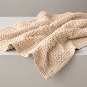 Manta de punto gofrado beige, de algodón y lino, transpirable, para todas las estaciones, estilo moderno, ecológica, transpirable, 71x94 pulgadas - Product Image 2