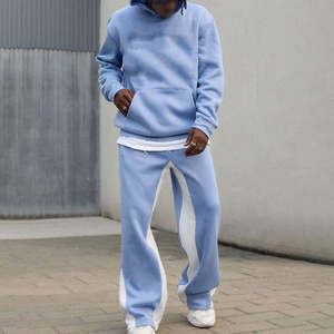 Ensemble deux pièces en polaire bleu clair pour homme, couleur unie, vêtements décontractés d'hiver, sweat-shirt à col rond, bande latérale, séchage rapide, respirant, 100% coton - Product Image 4