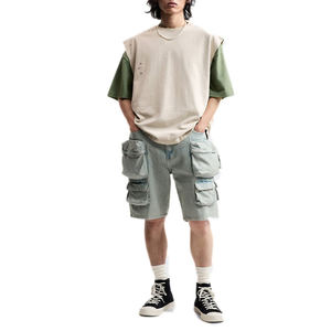 Pantalones Cortos de Mezclilla Cargo para Hombre, Corte Relajado, Lavados, con Múltiples Bolsillos, por Encima de la Rodilla, Frente Plano - Product Image 2