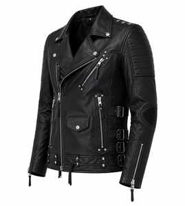 <b>Men's</b> Black Leather <b>Biker</b> <b>Jacket</b> Slim Fit Zipper Closure Turn-down Collar Eco-friendly Front Logo Winter Wear - Product Image 2