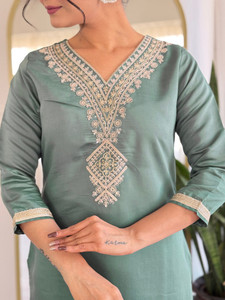 Green Rayon Quick Dry Spring Summer Autumn Knee-Length <b>Kurta</b> Set Embroidered Neckline Floral Dupatta <b>Women</b> Traditional Casual - Product Image 2