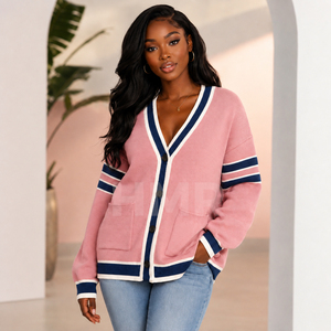 HMR Sorority Pink Acrylic Knitted V-Neck Cardigan With Navy White Stripe Trim And Dual Pockets Long Sleeve Classic Style - Product Image 3