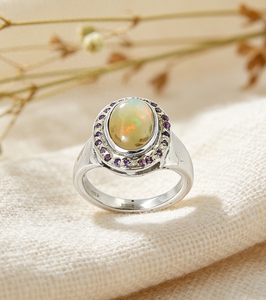 Art Palace 925 Sterling Silver <b>Opal</b> Cocktail <b>Ring</b> With Purple Gemstones Bezel Setting Women's Classic Fine Jewelry - Product Image 1