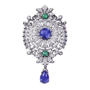 Gold-Plated Tanzanite Emerald and Diamond Unisex Brooches aka Necklaces - Product Image 1