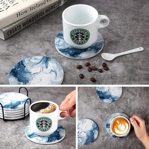 Handmade Blue Marble Pattern Round <b>Coaster</b> Set with Black Metal Holder Decorative <b>Drink</b> <b>Coasters</b> for Coffee Table Kitchen - Product Image 2