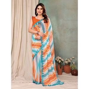 DESIGNER GEORGETTE PRINTED MIRROR WORK SAREE with UNSTITCHED BLOUSE ORANGE - Product Image 1