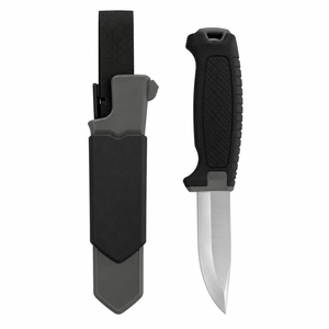 Cuchillos de exterior de hoja fija en negro y gris con hoja plateada, agarre ergonómico texturizado, funda protectora y presilla para cinturón - Product Image 5