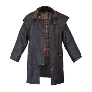 Manteau long imperméable en cuir huilé noir/marron pour homme, 100% coton, rembourré de duvet de canard gris, pour l'équitation - Product Image 2