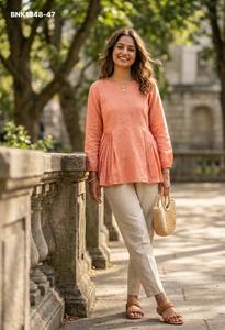 Latest <b>Linen</b> Cotton Solid Full-Sleeve Peplum Top & Pocket Pant Ready made <b>Set</b> Collection Manufacturer from Surat Indian Supplier - Product Image 6