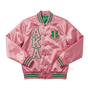 Veste GREEK AKA personnalisée en satin rose et vert pour femmes, et veste bomber respirante en tricot brodé pour femmes. - Product Image 1