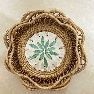 Mosaic Rattan Serving Tray Mother Pearl Inlay: Round <b>Wicker</b> Tray for Dinning Table Natural Boho Table Decor Rustic Home Gift - Product Image 5