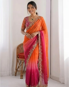 KV Traditional Silk Embellished Embroidered Zari <b>Satin</b> <b>Saree</b> with Stitched Blouse Wrinkle-Free & Reversible for Autumn Party - Product Image 1