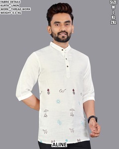 Kurta de Lino Blanco para Hombre, Corte Regular, Estilo Casual, Línea A, con Bordado, Estilo India Pakistán, Tallas M, L, XL, 2XL - Product Image 4