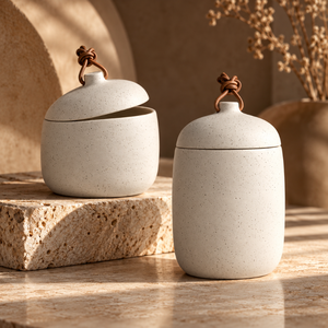 Speckled Ceramic Storage Jars Leather Loop Lids Two Sizes <b>Canister</b> <b>Set</b> | Modern Kitchen Countertop Pantry Organizer Home Storage - Product Image 4