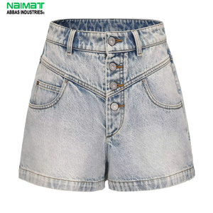 High Waist Women Denim Shorts Button Fly Medium Wash Vintage Style Summer Casual <b>Straight</b> Leg 100% Cotton Eco-Friendly - Product Image 1