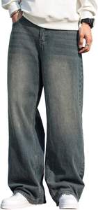 Jean en denim délavé coupe large pour homme, taille mi-haute, coupe ample, en coton tissé, style décontracté automne - Product Image 2