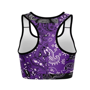 Sujetador deportivo para mujer con estampado de cachemira morado, espalda cruzada, soporte medio, cuello cuadrado, transpirable, top de fitness de elastano y poliéster - Product Image 3