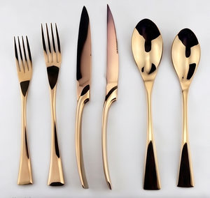 Modern Luxury Gold Curved Flatware Set <b>Champagne</b> Gold PVD Rust Resistant Metal Cutlery For Wedding Fine Dining And Restaurant - Product Image 1