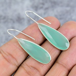 925 <b>Sterling</b> <b>Silver</b> Women Aqua Chalcedony Pear Cut Gemstone <b>Silver</b> Hook Earrings Trendy Birthday Gift Everyday Wear Party - Product Image 1