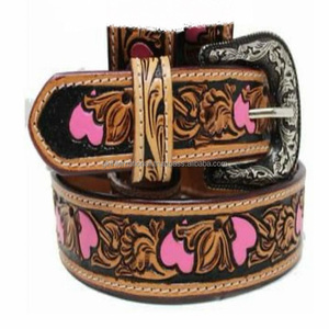 Premium Brown Leather Floral <b>Engraved</b> Colorful Western Leather <b>Tooling</b> Belt for Unisex Available at Factory Wholesale Price - Product Image 6