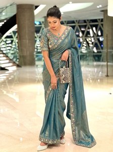 Royal <b>Satin</b> Silk <b>Saree</b> Hand Embellished Blouse Crystal Lace Border Modern Elegant Summer Wedding Cocktail Party Wear Indian - Product Image 5