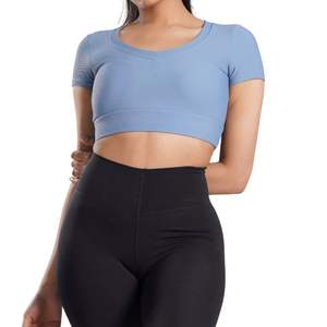 Haut court personnalisé pour femme, vente en gros, manches courtes, t-shirt de yoga et de gym, extensible, respirant, pour fitness et entraînement, vêtement de sport - Product Image 1