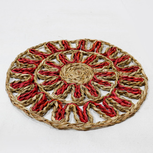 Handmade Round Seagrass Mat Bohemian Design Red and Natural Color <b>Table</b> <b>Placemat</b> - Product Image 3
