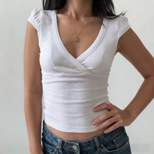 Camisetas de Cuello en V para Mujer, Manga Corta, Corte Regular, Tops Casuales de Color Sólido, Tejido Elástico, Transpirable, de Poliéster, Secado Rápido para Verano - Product Image 6