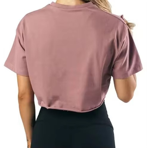Camiseta Corta Oversize para Mujer, Material de Tela Personalizado y Logotipo, Camiseta Corta de Algodón, Ropa Casual Urbana, Fitness, Yoga, Gimnasio, Prenda Lisa - Product Image 5