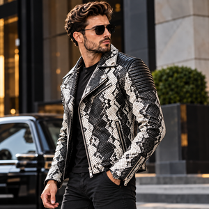 <b>Mens</b> Black White Embossed Snake Skin Leather Biker <b>Jacket</b> Premium Breathable Winter <b>Motorcycle</b> Moto <b>Jacket</b> Stylish - Product Image 2