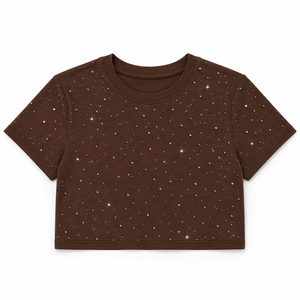 Chemise pour femme de qualité supérieure, marron, ornée de strass personnalisés, coupe ajustée, manches courtes, col rond, t-shirt scintillant, style Y2K, chemisier glamour - Product Image 4