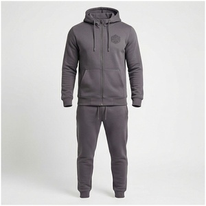 Ensemble de survêtement gris personnalisable pour homme, imprimé, à manches longues, avec capuche, fermeture éclair sur le devant, logo, couleur unie, coupe-vent, sportif, décontracté, coupe régulière - Product Image 1