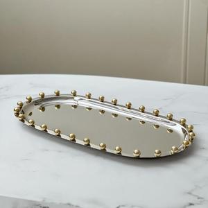 Oval Silver Decorative Tray With Gold Beads Snacks Cookie Serving Dish <b>Mirror</b> Polish Stainless Steel Trays Premium Quality - Product Image 1
