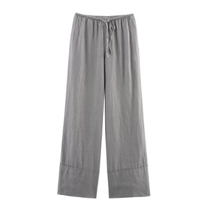 Custom High Quality Womens 100% Linen Casual Loose Wide Leg Pants for Women Elastic Waist Palazzo Pants <b>Trousers</b> - Product Image 2