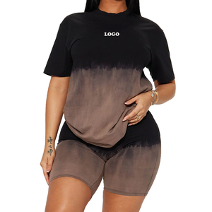 Ensemble 2 pièces décontracté pour femme : T-shirt col rond et short au-dessus du genou en coton tricoté et élasthanne, coupe ample, idéal printemps-été - Product Image 1