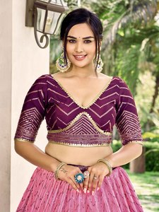 Purple Pink <b>Lehenga</b> Set Glitter Zigzag Evening Dress Embroidered Banarasi Style Party Wedding Outfit - Product Image 2