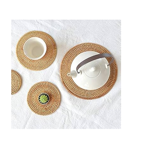 Ensemble de dessous de plat et de sets de table en rotin BOHO, vente en gros, sets de table bohèmes en rotin, dessous de verre ronds en rotin - Product Image 2