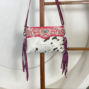 New Women Fashionable Cute Pink Tooled Genuine Leather Crossbody Handbag Stylish Hairon With Turquoise Stone Designer Fringe bag - Product Image 4