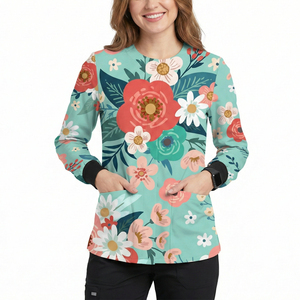 Blouse d'infirmière personnalisée à imprimé floral, veste de travail à boutons-pression, manches longues, pour personnel médical, spa, salon de beauté, vente en gros de blouses de travail - Product Image 5