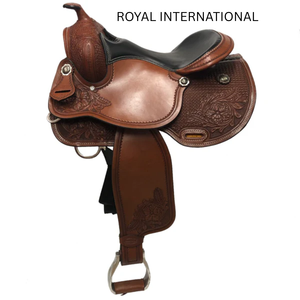 Silla de Montar Western de Cuero Grabado Floral Premium con Asiento Acolchado Negro y Estribos, Equipo Ecuestre para Vaquero, Ranch, Sendero y Rodeo - Product Image 1
