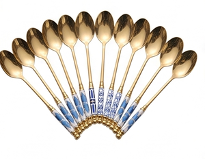 Finest <b>Gold</b> Plated Stainless Steel Tea <b>Spoons</b> With Blue Enamel Handle Oriental Design Long Handle Dishwasher Safe Cutlery Set - Product Image 1