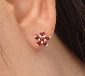 Garnet Flower Stud <b>Earrings</b> 925 Sterling Silver 14K Gold Plated <b>Red</b> Gemstone Cluster <b>Earrings</b> Gift For Women - Product Image 4