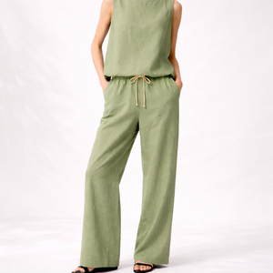 Nouvel ensemble décontracté en coton et lin pour l'été – Haut sans manches et pantalon large – Ensemble tendance pour femme – Motif uni – Automne – ODM - Product Image 1