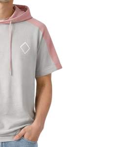 Men Short Sleeve Hoodie T Shirt Grey <b>Pink</b> Color Block Casual Pullover Hooded Top With Logo Soft Cotton Blend Summer Wear Styles - Product Image 4