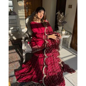 ชุดใส่ด้านบนด้านล่างและชุด dupatta ขนาด XL ประดับด้วยด้ายและลำดับ - Product Image 3