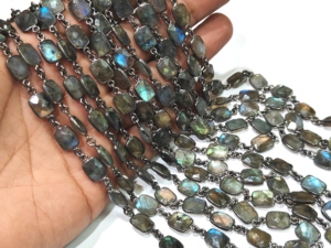 Brass Natural Labradorite Gray Flashy <b>Cushion</b> Shape 8x10mm Bezel Connector Chain Sold Per Foot for Jewellery Making - Product Image 3